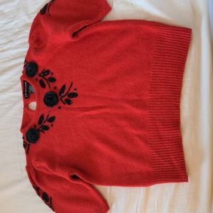 Vintage red beads + roses puff short sleeve sweater top